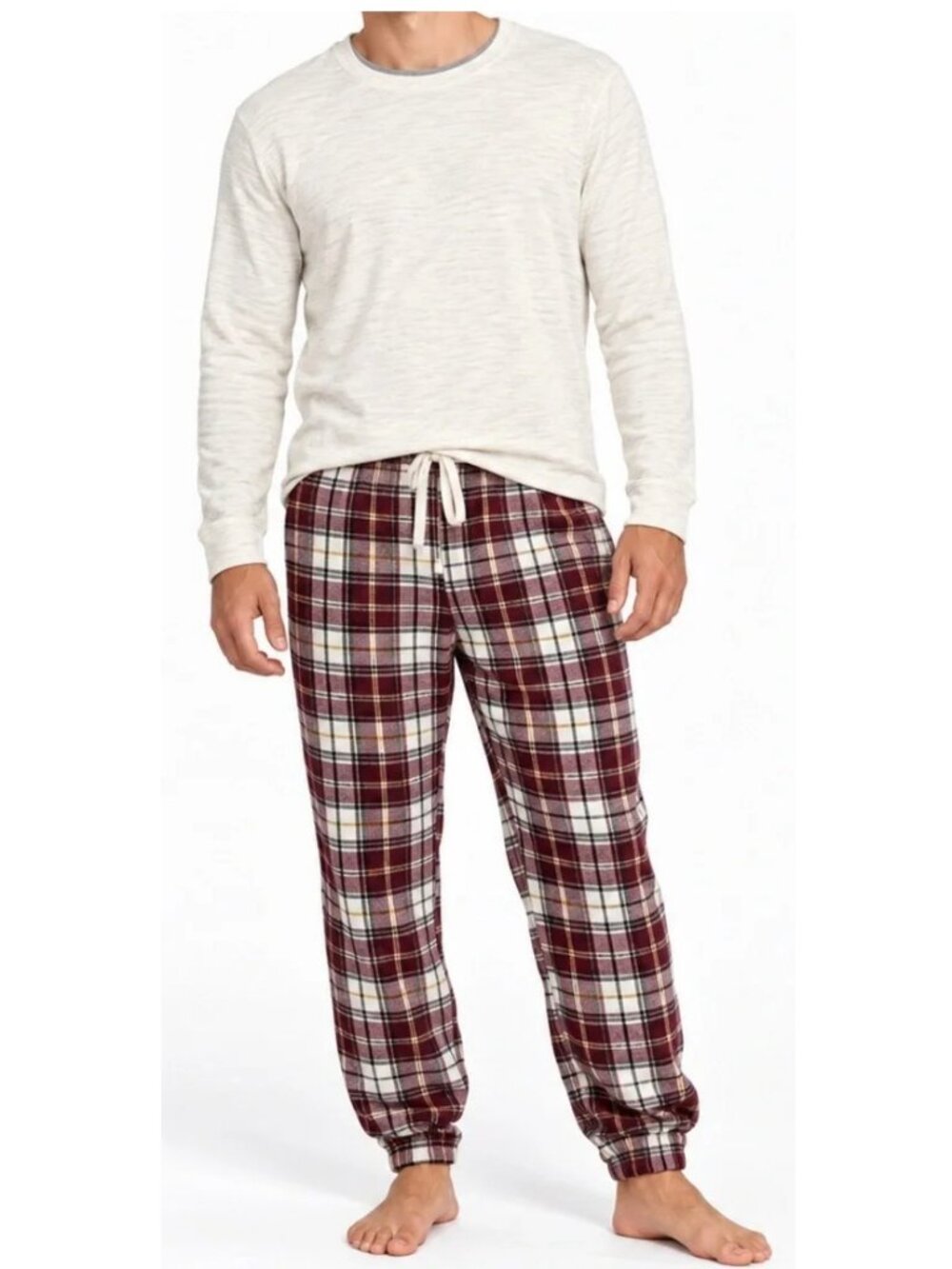 Hanes Men's 2-Piece Knit & Flannel Sleep Pajama Set, Oatmeal Red Plaid, Large